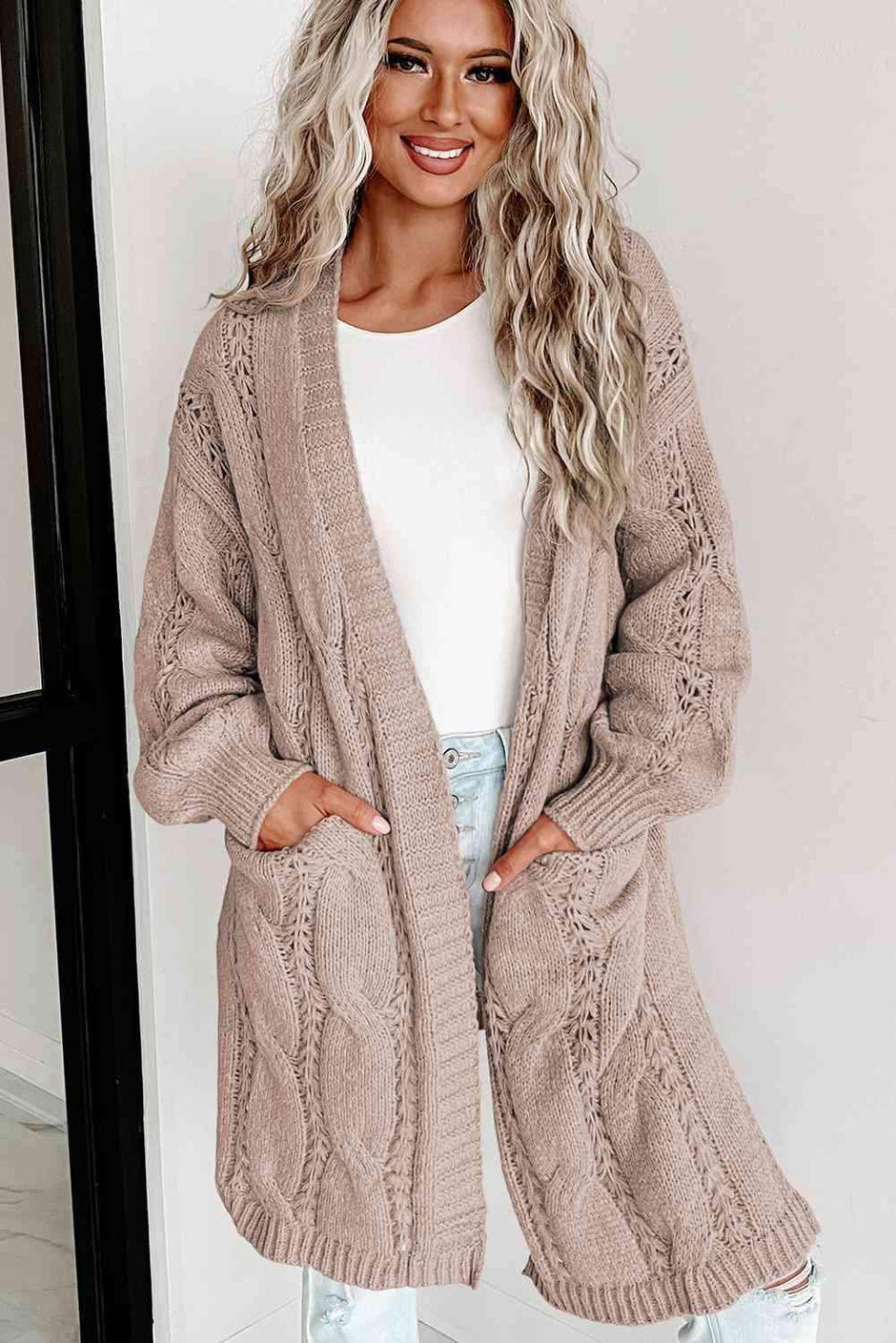 Angela Cable-Knit Dropped Shoulder Cardigan - SwagglyLife Home & Fashion